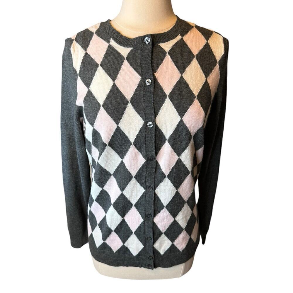 Croft & Barrow Argyle Pink Gray White Cardigan Sweater Women’s Size Small